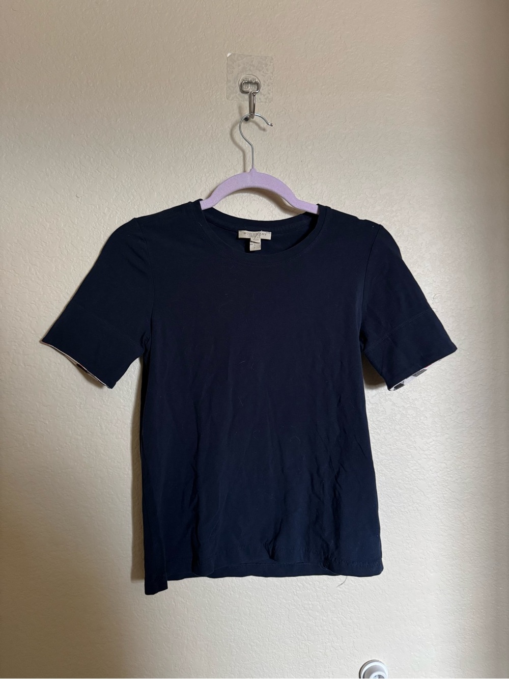 Burberry Brit Navy Crewneck Tee Shirt with Plaid Lining Sz Small Womens Blue